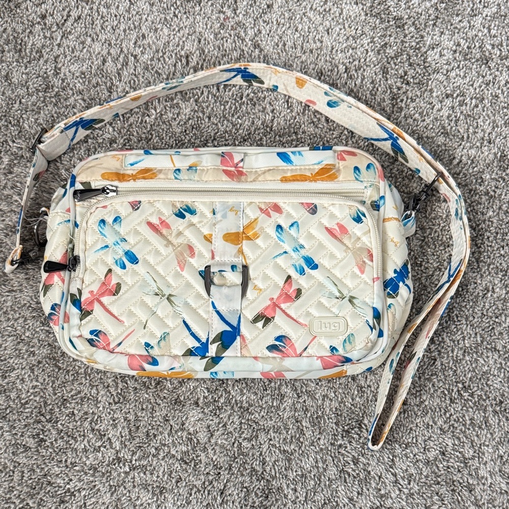 Lug Quilted Crossbody Bag with Dragonfly Pattern